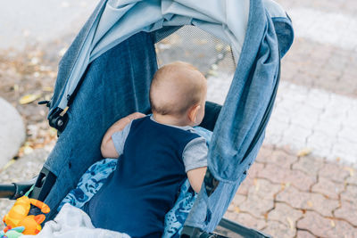 Rear view of baby boy in stroller