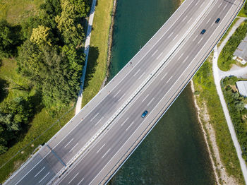 High angle view of road amidst trees