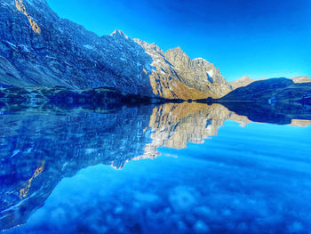 Reflection of mountain in lake against blue sky