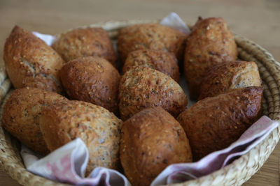 High angle view of buns in basket on table