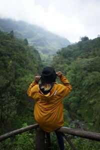 Rear view of man standing against mountain