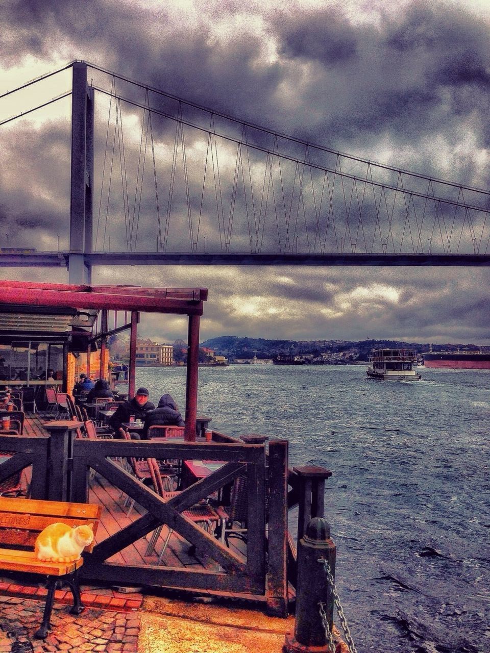 sky, cloud - sky, sea, water, cloudy, horizon over water, weather, cloud, built structure, tranquility, nature, overcast, pier, scenics, tranquil scene, railing, beauty in nature, architecture, outdoors, no people