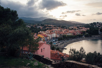 High angle view of townscape against sky during sunset