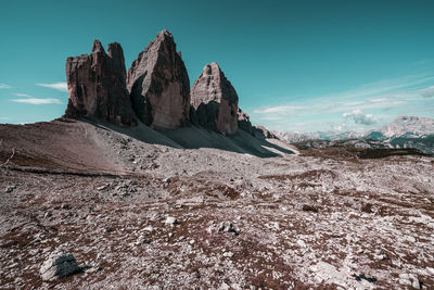 Panoramic view of rock formations on landscape against sky