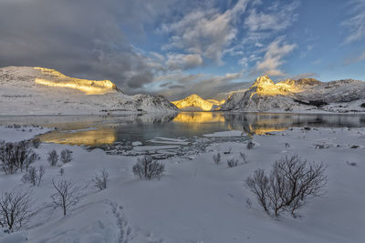 Scenic view of lake by snowcapped mountain against sky