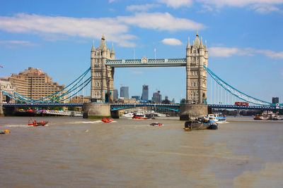 View of suspension bridge against cloudy sky