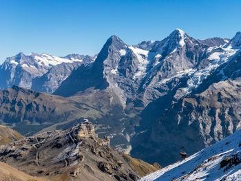 Scenic view of snowcapped mountains against clear sky