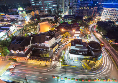 High angle view of city street at night