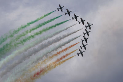 Low angle view of airplanes flying against sky