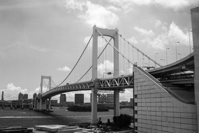 View of suspension bridge against cloudy sky