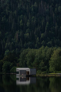 Scenic view of soria moria sauna by lake