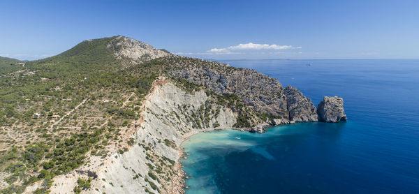 Panoramic view of sea and mountains against blue sky