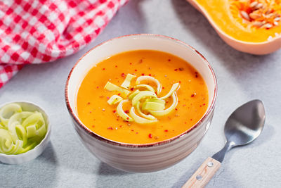 High angle view of soup in bowl on table