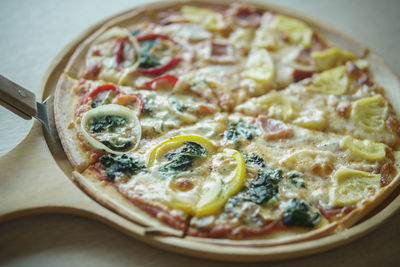 Close-up of pizza on table