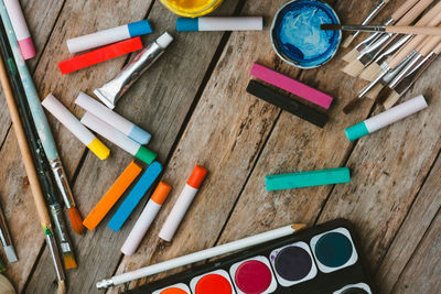 High angle view of multi colored pencils on table