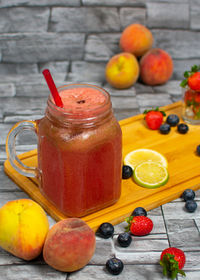 High angle view of drink on table