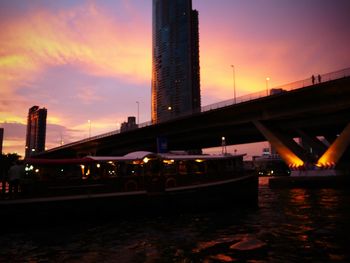 Bridge over river in city at sunset