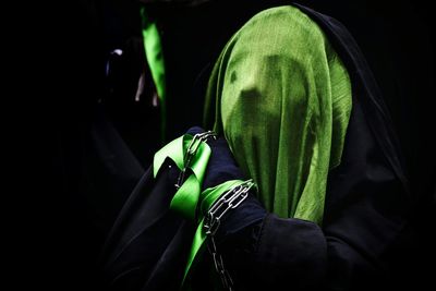 Close-up of person covering face with scarf