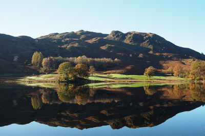 Scenic view of lake and mountains against clear sky