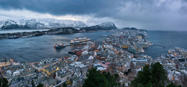 View over Ålesund from aksla mountain during an incoming snowstorm, norway.