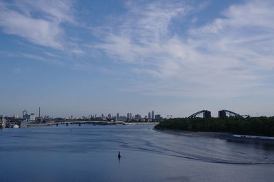 City by river against sky