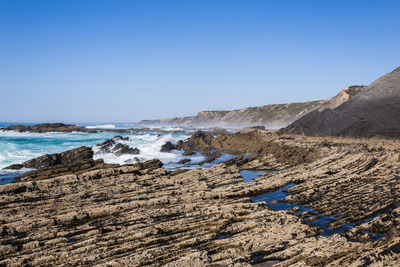 Scenic view of sea against clear blue sky