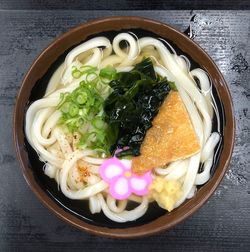 High angle view of food in bowl on table