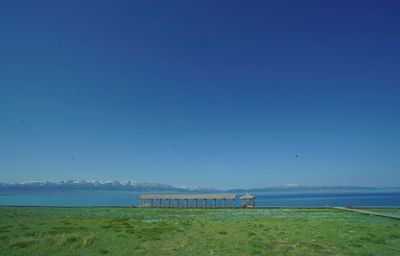 Scenic view of sea against clear blue sky