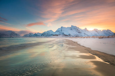 Norway, lofoten. winter sunrise dramatic landscape