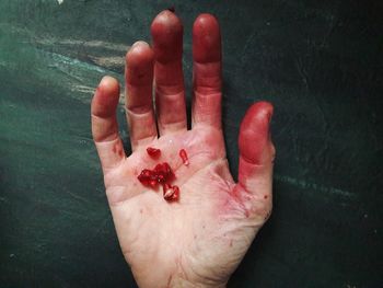 Close-up of hand with red leaf