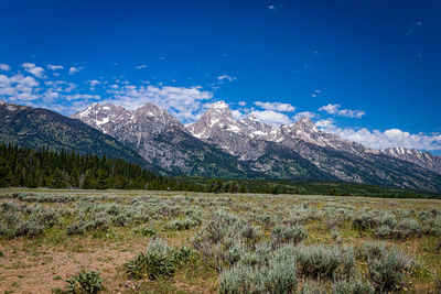 Scenic view of mountains against blue sky