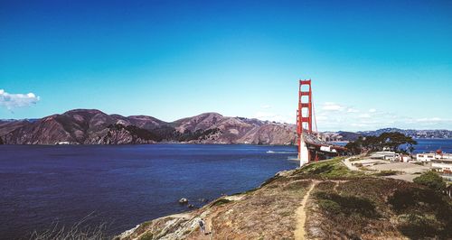 Scenic view of sea against blue sky