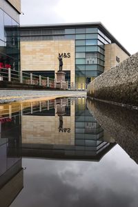 Reflection of building in puddle on glass