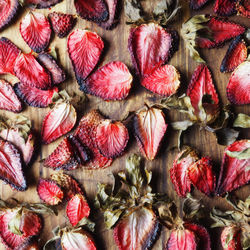 Full frame shot of dried strawberry slices on table