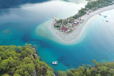 High angle view of boats on sea shore