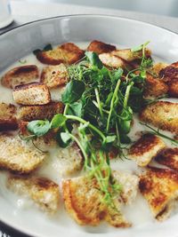 High angle view of pizza served in plate