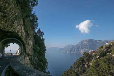 Scenic view of sea and mountains against sky