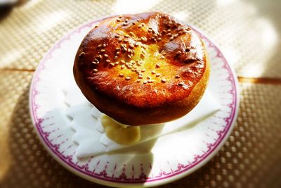 High angle view of bread in plate on table