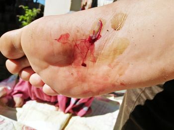 Close-up of hand holding red rose