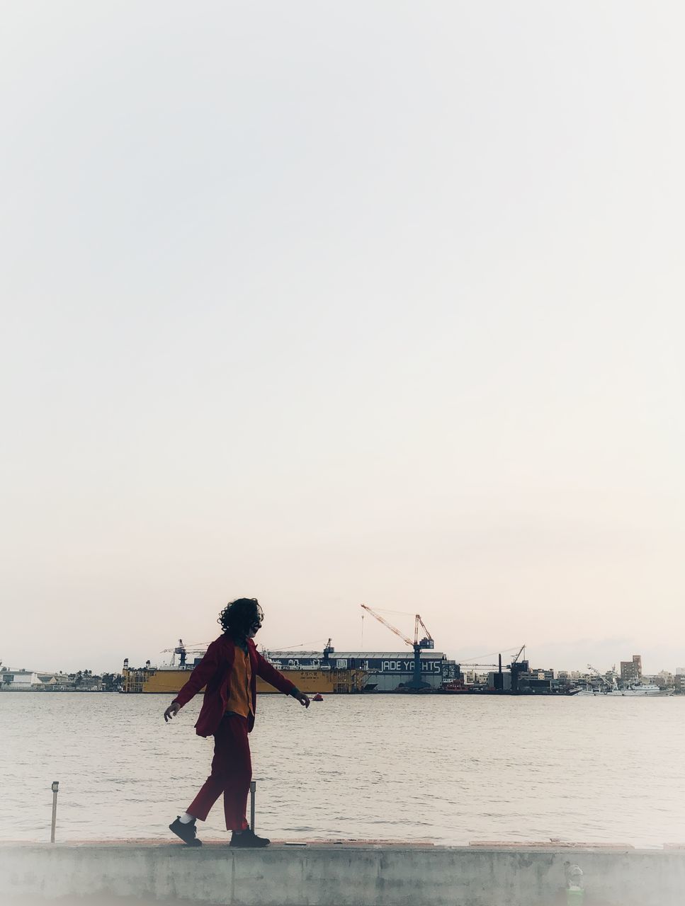 REAR VIEW OF WOMAN STANDING ON SEA SHORE AGAINST CLEAR SKY