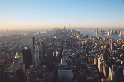 High angle view of modern buildings in city