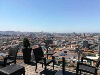 High angle view of townscape against clear blue sky