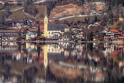 Reflection of buildings in lake