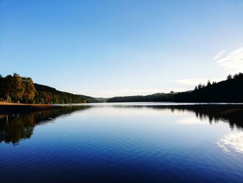 Scenic view of lake against clear blue sky
