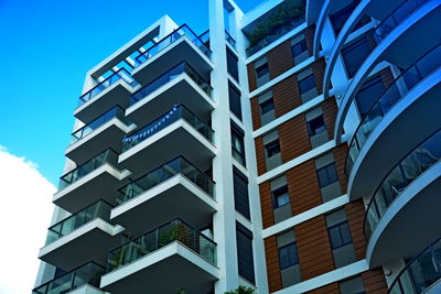 Low angle view of building against clear blue sky