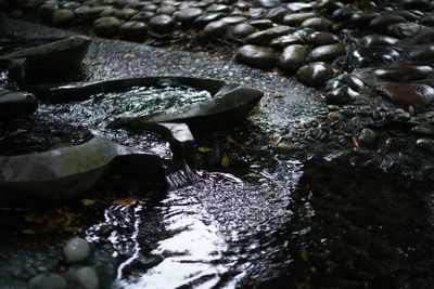High angle view of stones in water