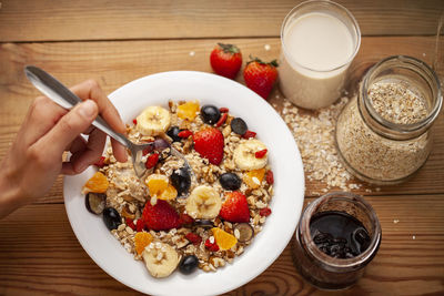 High angle view of breakfast on table