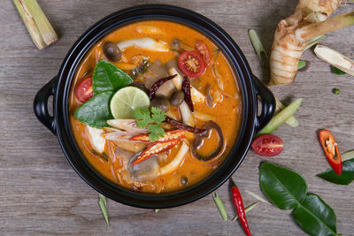 High angle view of soup in bowl on table