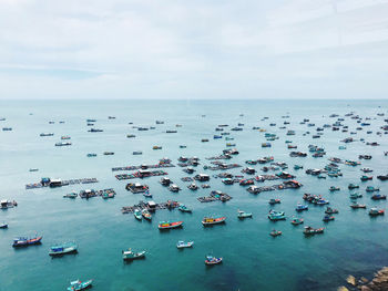 High angle view of boats in sea against sky in phu quoc