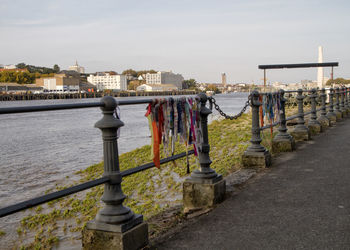 Bridge over river against buildings in city